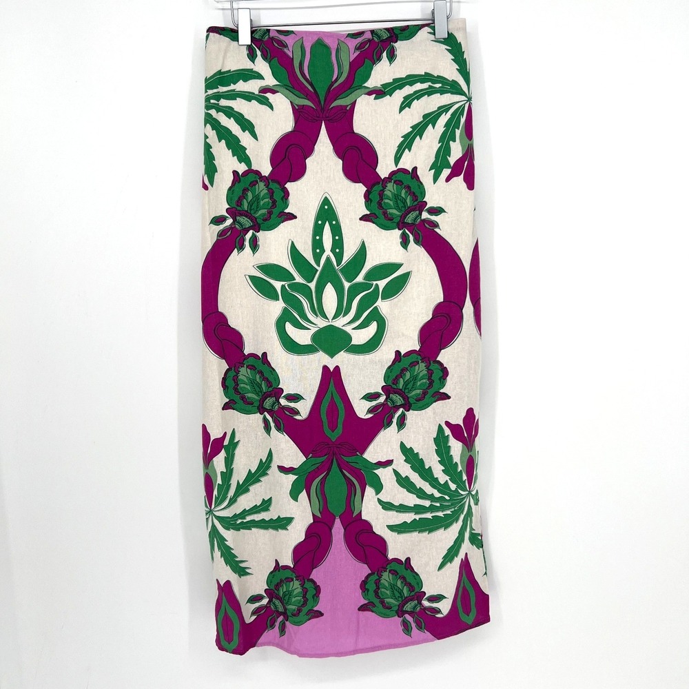 Caroline Constats Linen Midi Skirt Womens S Floral Tropical Palm Tree Colorful